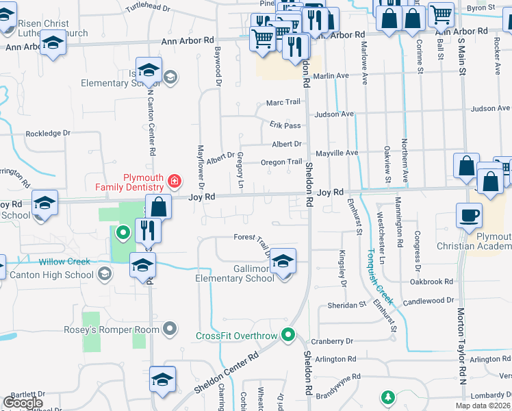 map of restaurants, bars, coffee shops, grocery stores, and more near 44763 Trails Court in Canton
