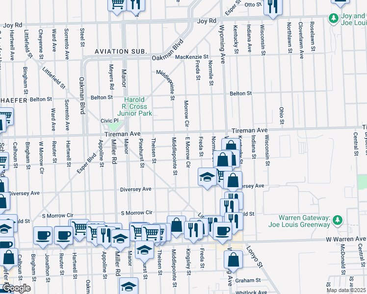map of restaurants, bars, coffee shops, grocery stores, and more near 7919 East Morrow Circle in Dearborn