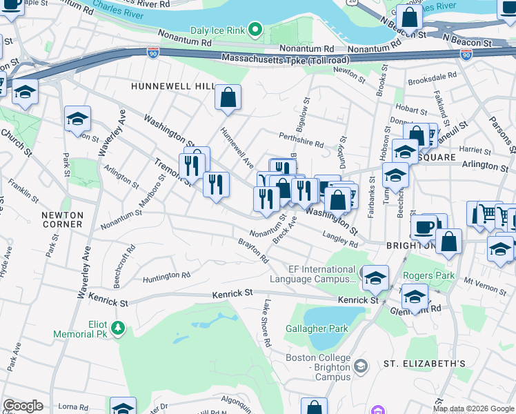 map of restaurants, bars, coffee shops, grocery stores, and more near 11 Tip Top Street in Boston