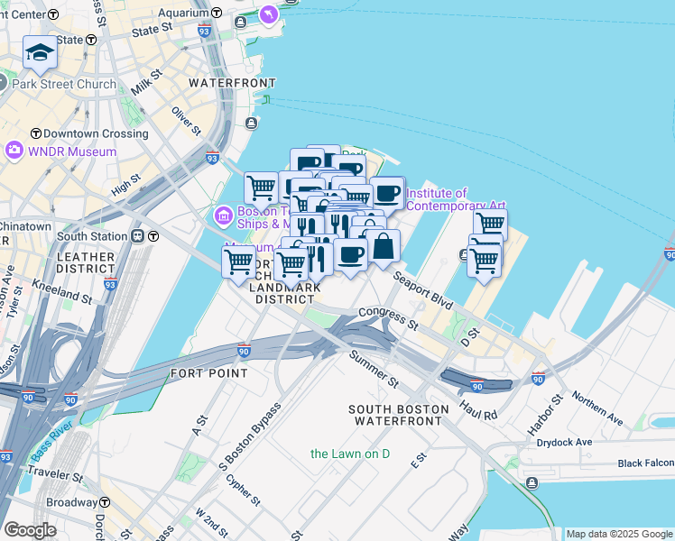 map of restaurants, bars, coffee shops, grocery stores, and more near 99 Autumn Lane in Boston