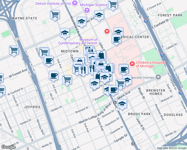 map of restaurants, bars, coffee shops, grocery stores, and more near 70 West Alexandrine Street in Detroit
