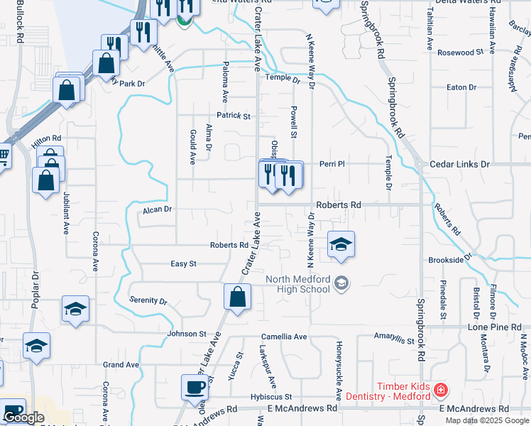 map of restaurants, bars, coffee shops, grocery stores, and more near 2043 Roberts Road in Medford