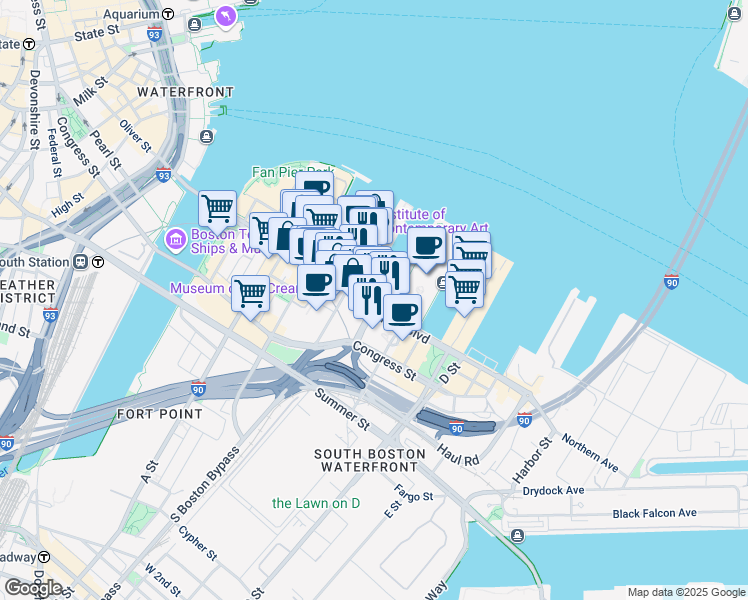 map of restaurants, bars, coffee shops, grocery stores, and more near 142 Pier 4 Boulevard in Boston
