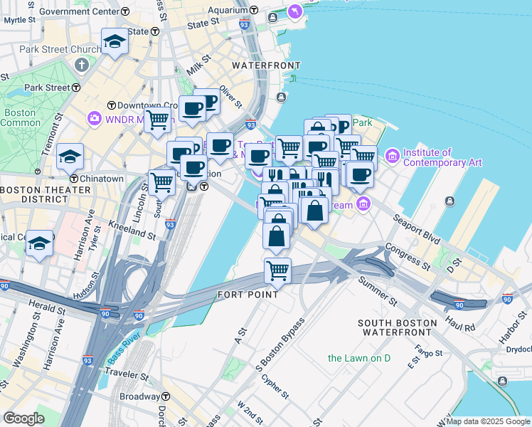 map of restaurants, bars, coffee shops, grocery stores, and more near 305 Congress Street in Boston