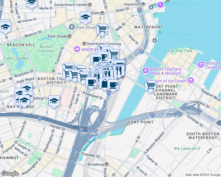map of restaurants, bars, coffee shops, grocery stores, and more near 711 Atlantic Avenue in Boston