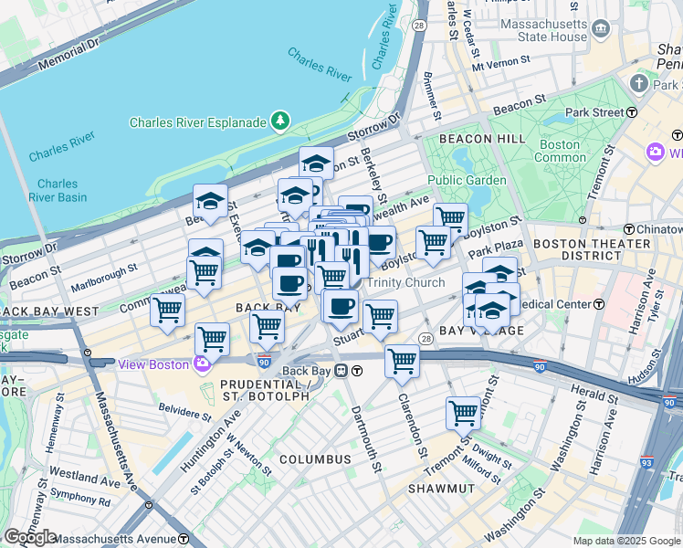 map of restaurants, bars, coffee shops, grocery stores, and more near 130B Newbury Street in Boston