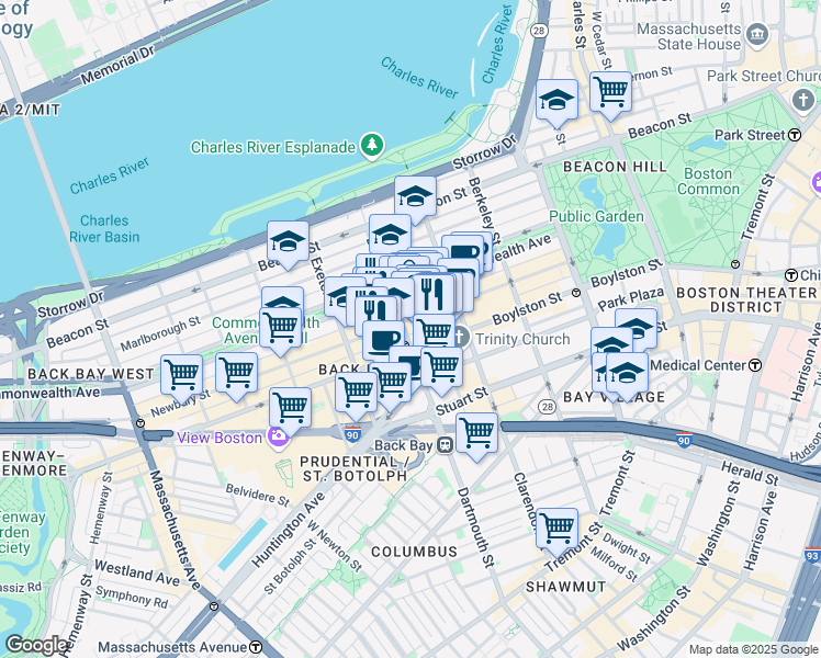 map of restaurants, bars, coffee shops, grocery stores, and more near 7 Dartmouth Street in Boston