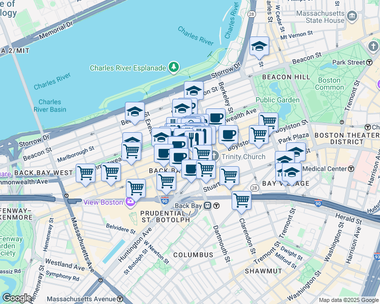 map of restaurants, bars, coffee shops, grocery stores, and more near 7 Dartmouth Street in Boston