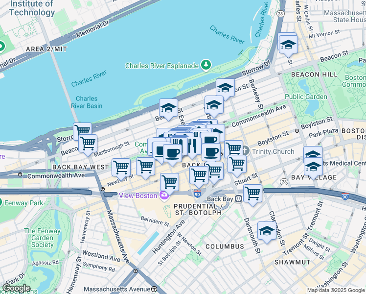map of restaurants, bars, coffee shops, grocery stores, and more near 196 Massachusetts 2 in Boston