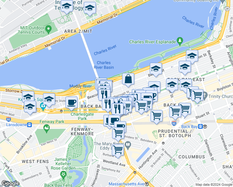 map of restaurants, bars, coffee shops, grocery stores, and more near 457 Beacon Street in Boston