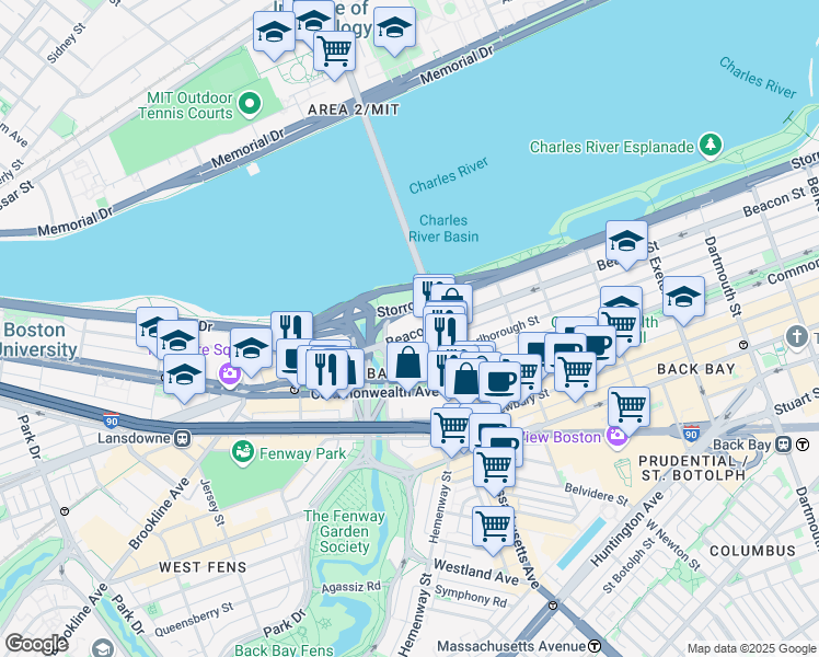 map of restaurants, bars, coffee shops, grocery stores, and more near in Boston