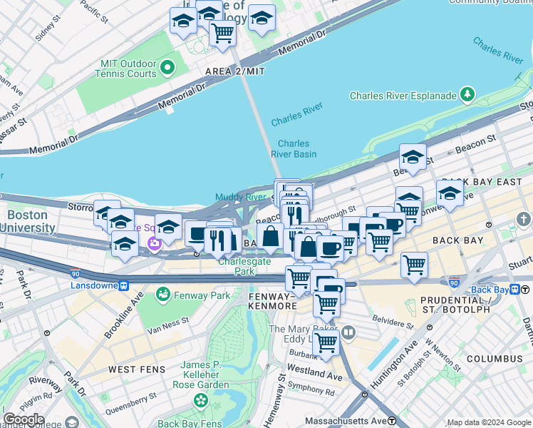 map of restaurants, bars, coffee shops, grocery stores, and more near in Boston