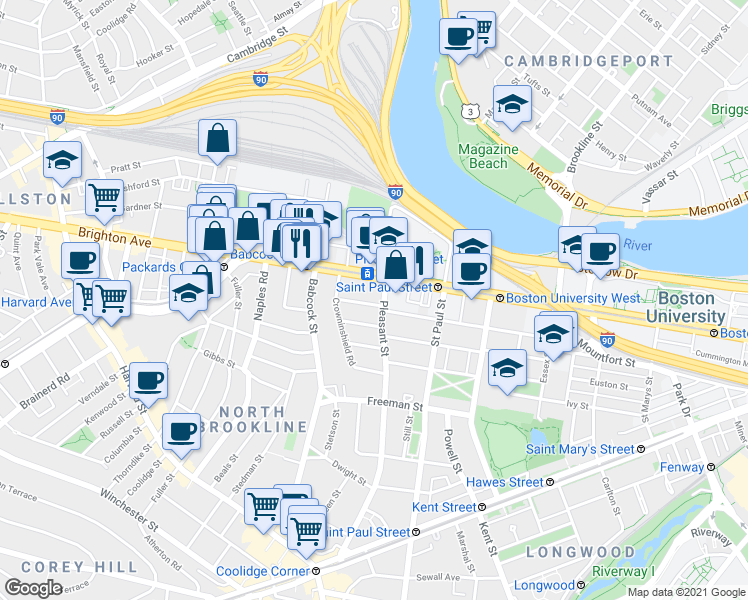 map of restaurants, bars, coffee shops, grocery stores, and more near 25 Adams Street in Brookline