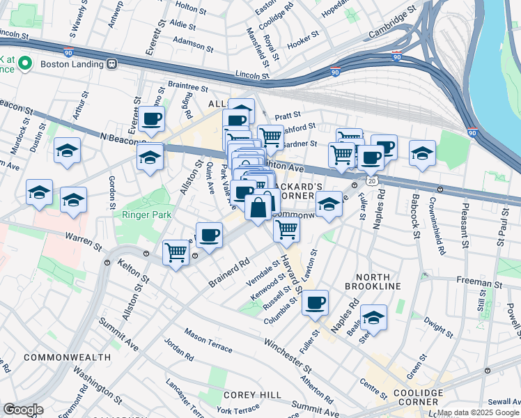 map of restaurants, bars, coffee shops, grocery stores, and more near 1245 Commonwealth Avenue in Boston