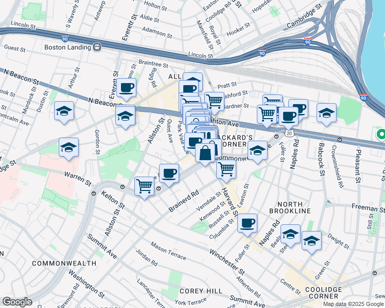 map of restaurants, bars, coffee shops, grocery stores, and more near 1245 Commonwealth Avenue in Boston