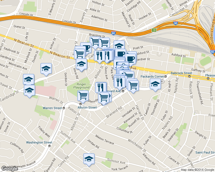 map of restaurants, bars, coffee shops, grocery stores, and more near 17 Radcliffe Road in Boston
