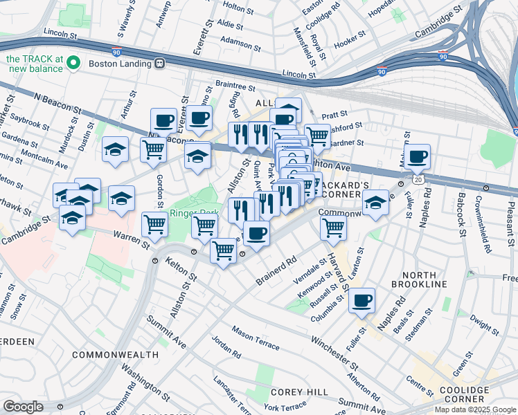 map of restaurants, bars, coffee shops, grocery stores, and more near 17 Radcliffe Road in Boston