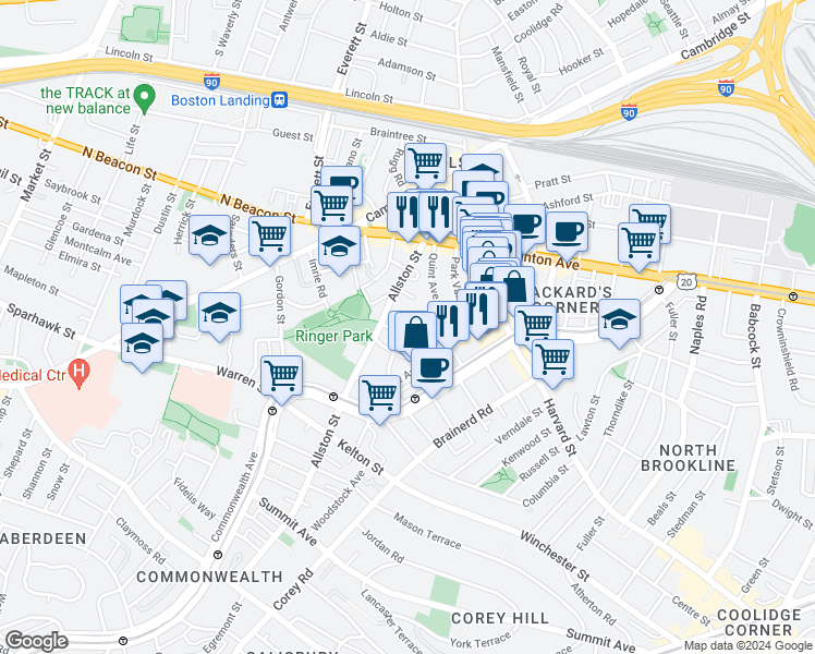 map of restaurants, bars, coffee shops, grocery stores, and more near 17 Radcliffe Road in Boston