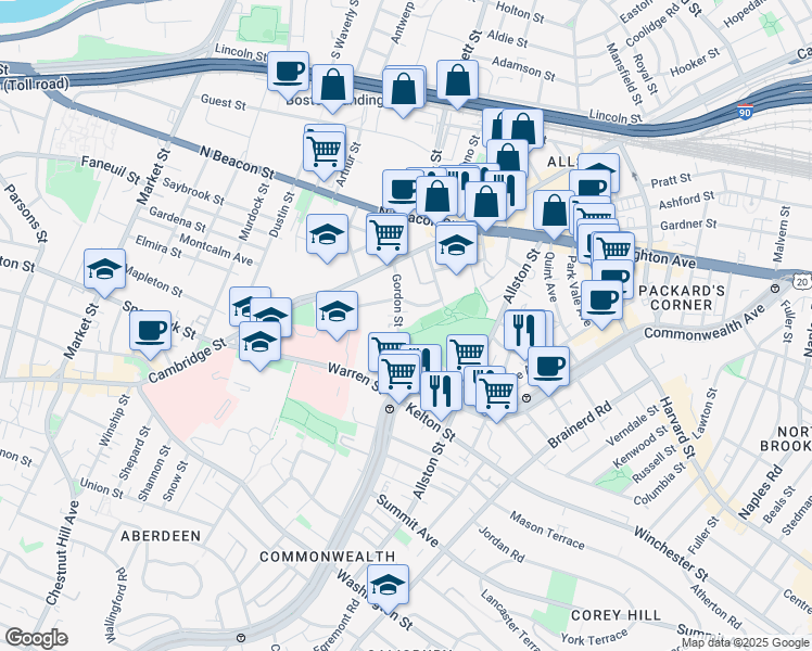 map of restaurants, bars, coffee shops, grocery stores, and more near 59 Gordon Street in Boston
