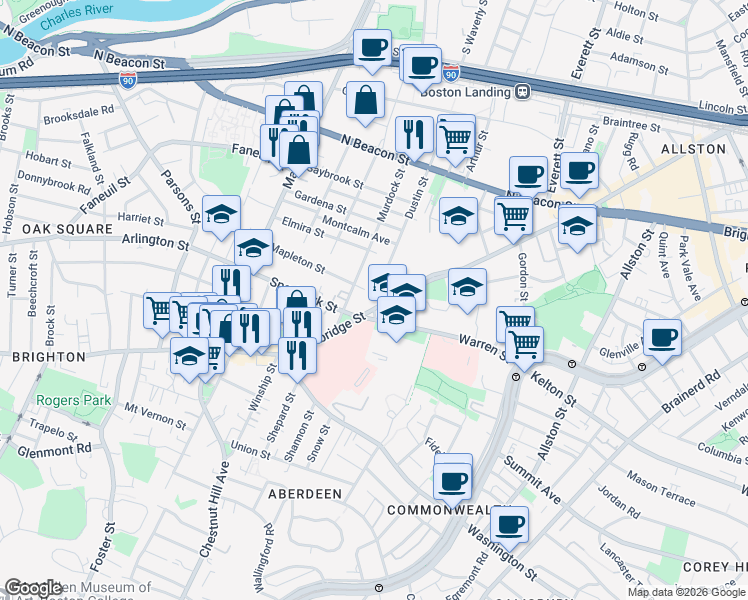 map of restaurants, bars, coffee shops, grocery stores, and more near 697 Cambridge Street in Boston