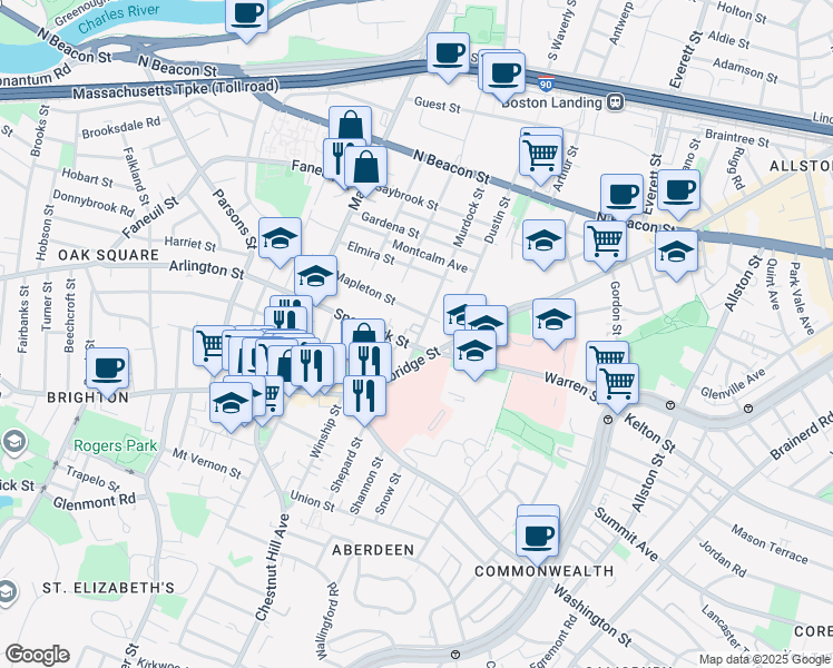 map of restaurants, bars, coffee shops, grocery stores, and more near 30 Murdock Street in Boston
