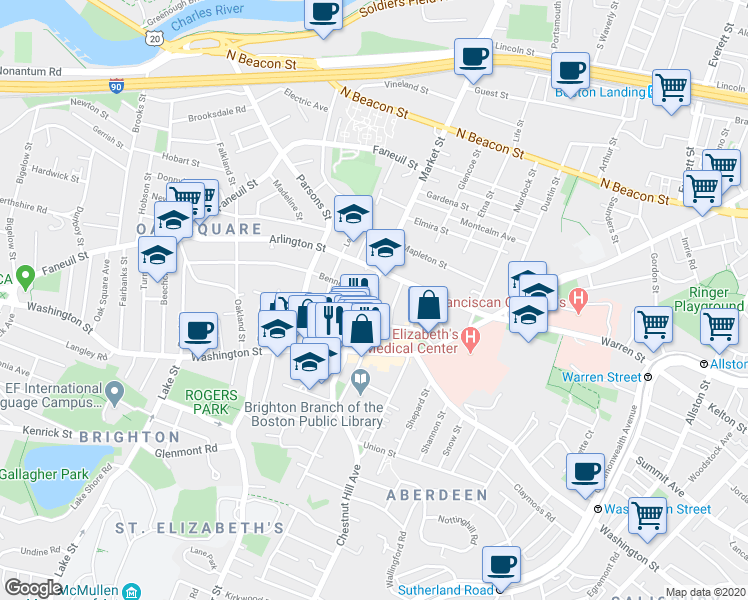 map of restaurants, bars, coffee shops, grocery stores, and more near 359 Market Street in Boston