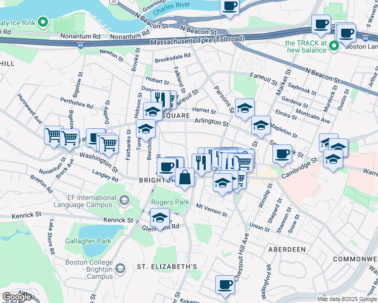 map of restaurants, bars, coffee shops, grocery stores, and more near 56 Oakland Street in Boston