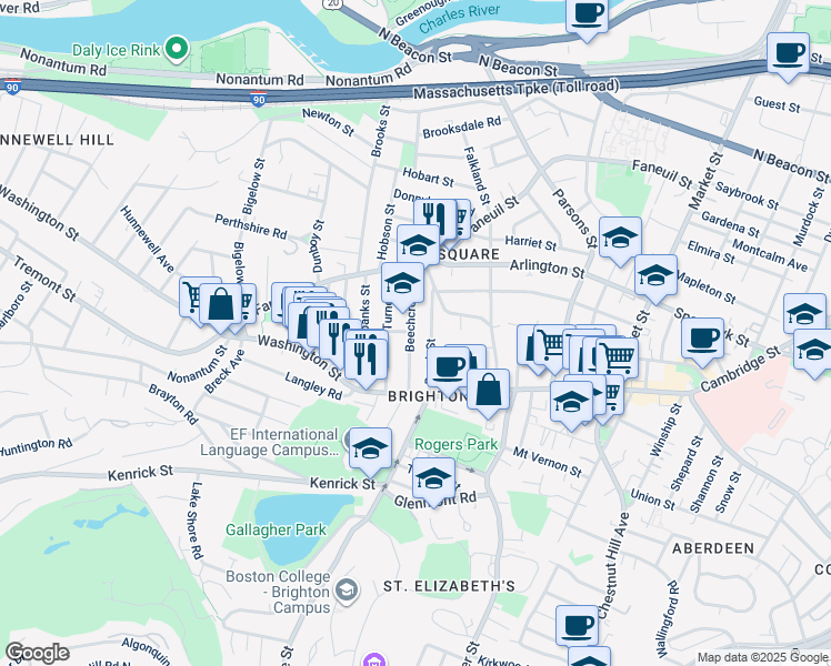 map of restaurants, bars, coffee shops, grocery stores, and more near 50 Beechcroft Street in Boston