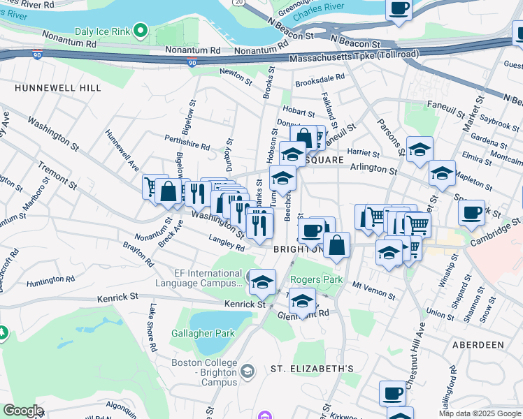 map of restaurants, bars, coffee shops, grocery stores, and more near 52 Fairbanks Street in Boston
