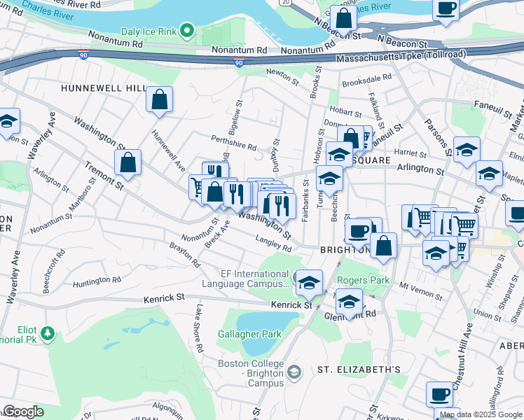 map of restaurants, bars, coffee shops, grocery stores, and more near 14 Brackett Street in Boston