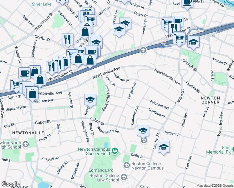 map of restaurants, bars, coffee shops, grocery stores, and more near 9 Princeton Street in Newton
