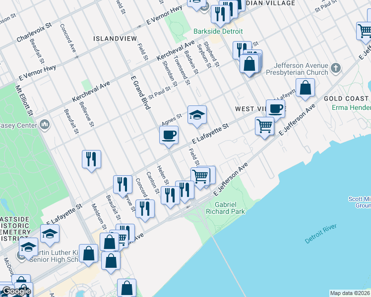 map of restaurants, bars, coffee shops, grocery stores, and more near 721 Field Street in Detroit