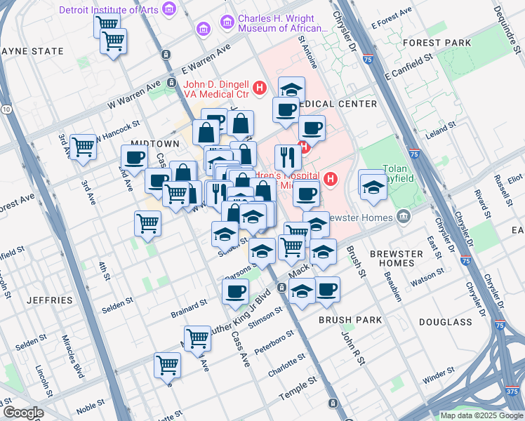 map of restaurants, bars, coffee shops, grocery stores, and more near 4100 Woodward Avenue in Detroit