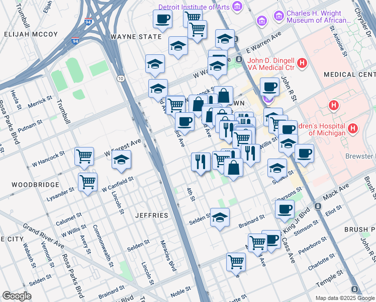 map of restaurants, bars, coffee shops, grocery stores, and more near 702 West Canfield Street in Detroit