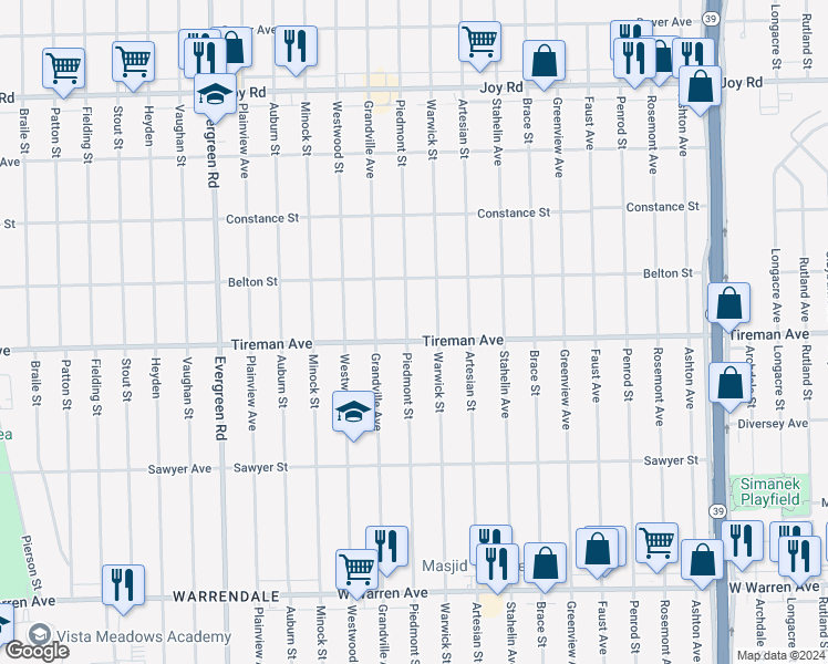 map of restaurants, bars, coffee shops, grocery stores, and more near 8029 Warwick Street in Detroit
