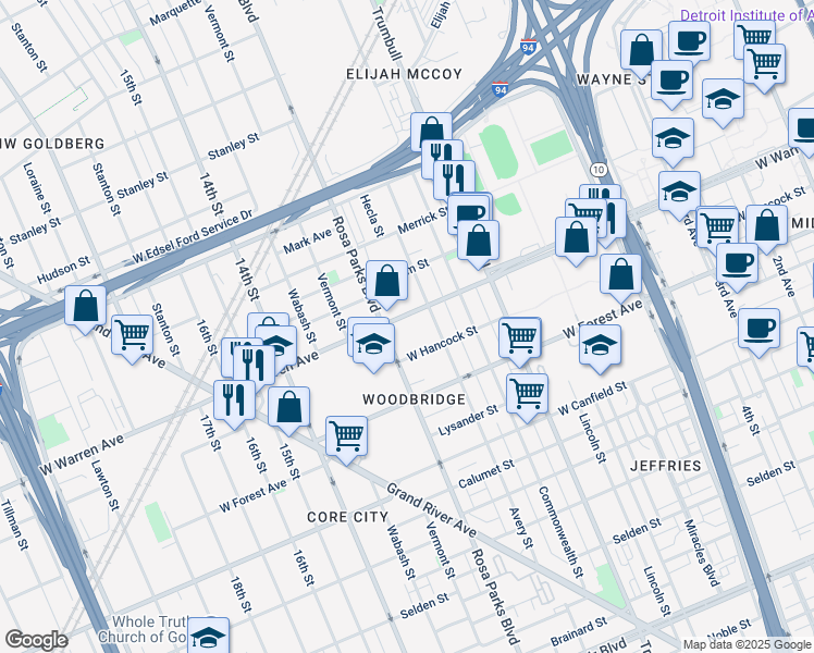 map of restaurants, bars, coffee shops, grocery stores, and more near 1751 West Warren Avenue in Detroit