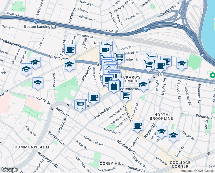 map of restaurants, bars, coffee shops, grocery stores, and more near 1245 Commonwealth Avenue in Boston