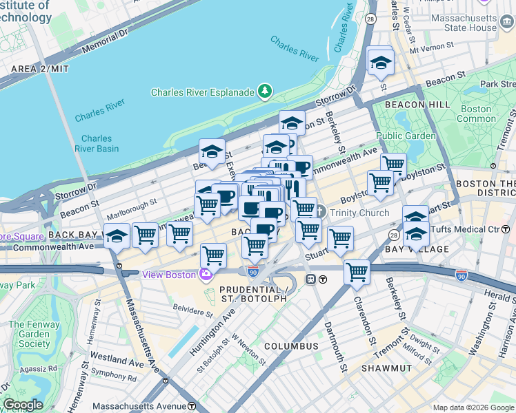 map of restaurants, bars, coffee shops, grocery stores, and more near 176 Newbury Street in Boston