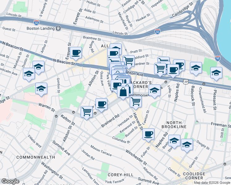 map of restaurants, bars, coffee shops, grocery stores, and more near 1245 Commonwealth Avenue in Boston