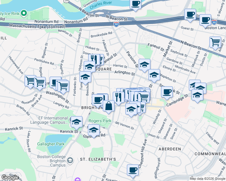 map of restaurants, bars, coffee shops, grocery stores, and more near 87 Surrey Street in Boston