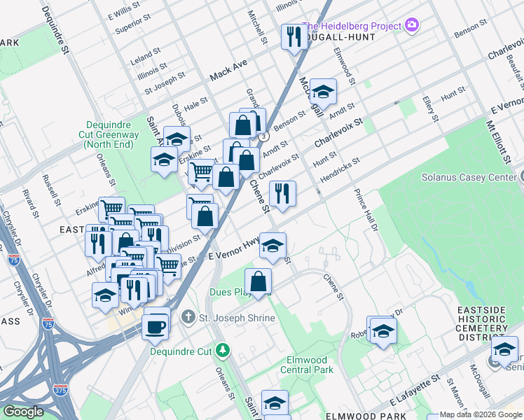 map of restaurants, bars, coffee shops, grocery stores, and more near 2619 Chene in Detroit
