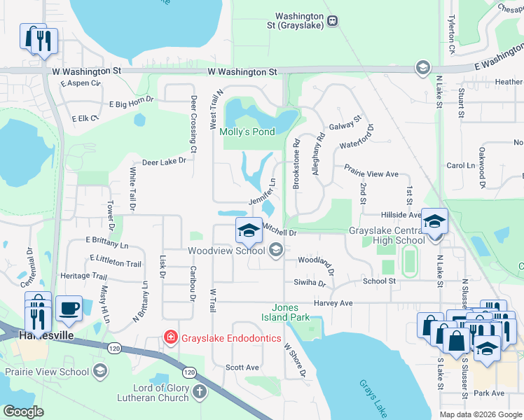 map of restaurants, bars, coffee shops, grocery stores, and more near 475 Jennifer Lane in Grayslake