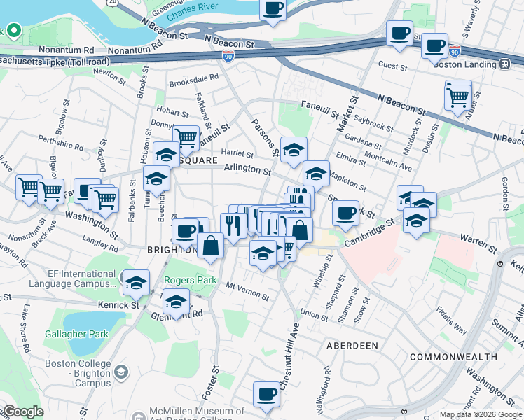 map of restaurants, bars, coffee shops, grocery stores, and more near 35 Parsons Street in Boston
