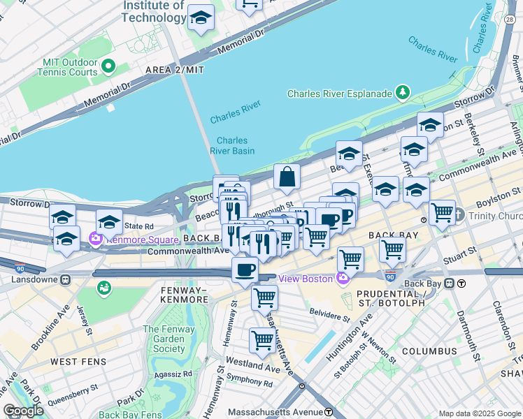 map of restaurants, bars, coffee shops, grocery stores, and more near 457 Beacon Street in Boston