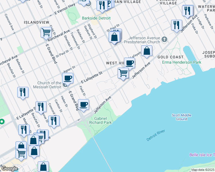 map of restaurants, bars, coffee shops, grocery stores, and more near 7633 Townsend Street in Detroit