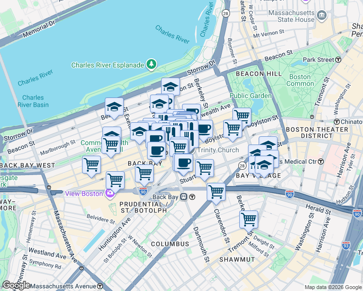 map of restaurants, bars, coffee shops, grocery stores, and more near 557 Boylston Street in Boston