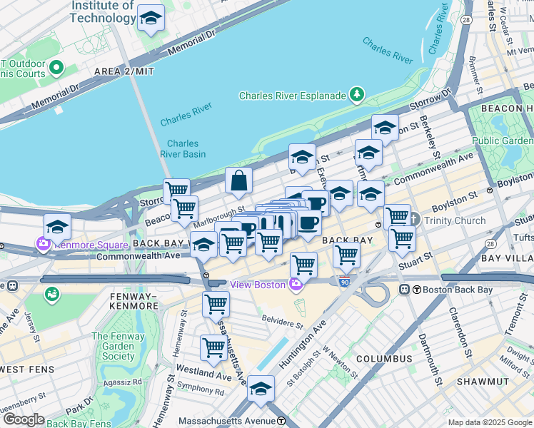 map of restaurants, bars, coffee shops, grocery stores, and more near 269 Commonwealth Avenue in Boston