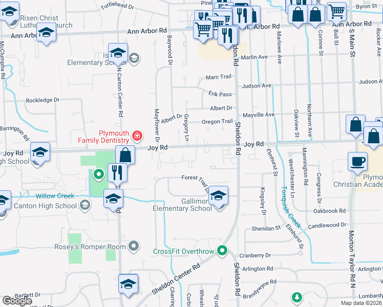 map of restaurants, bars, coffee shops, grocery stores, and more near 44763 Trails Court in Canton