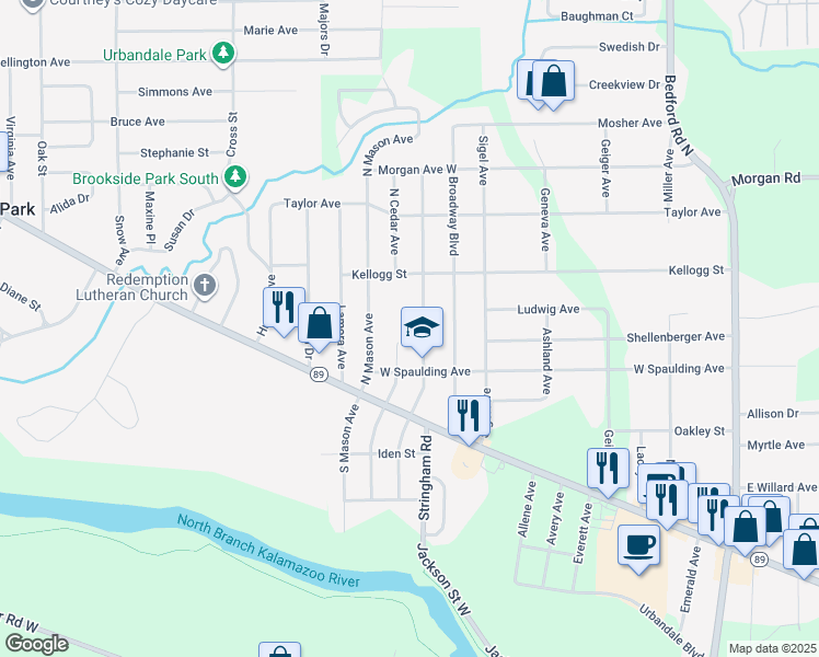 map of restaurants, bars, coffee shops, grocery stores, and more near 65 North Woodlawn Avenue in Battle Creek