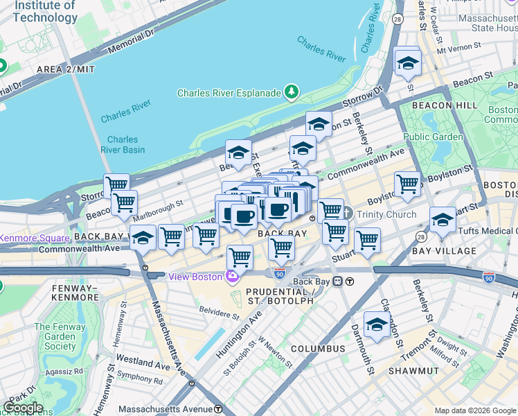 map of restaurants, bars, coffee shops, grocery stores, and more near 206 Commonwealth Avenue in Boston